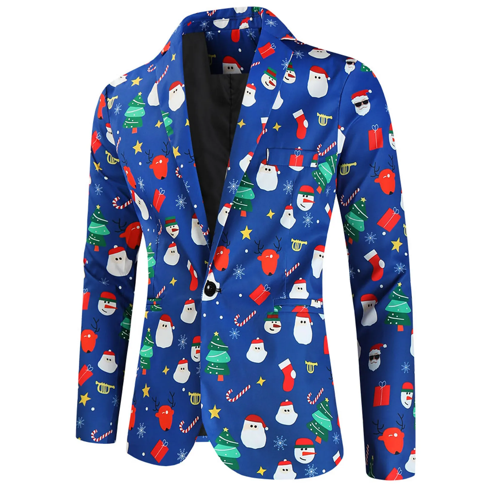 Men\'s Christmas Print Blazer Cute Cartoon Santas Claus Pattern Suit Jackets 2024 Fall Winter Long Sleeve Button Lapel Male Coats