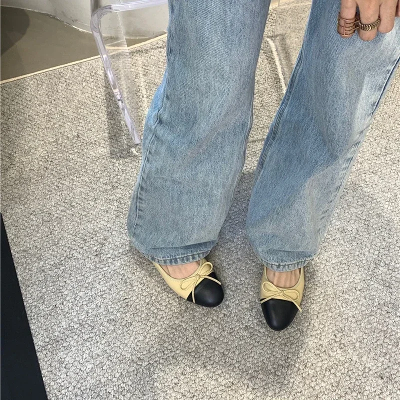 Zapatos Planos de Cuero para Mujer, Zapatos de Bailarina Casuales con Punta Redonda y Lazo, Mocasines Suaves Negros con Detalles Beige, Zapatos Lolita