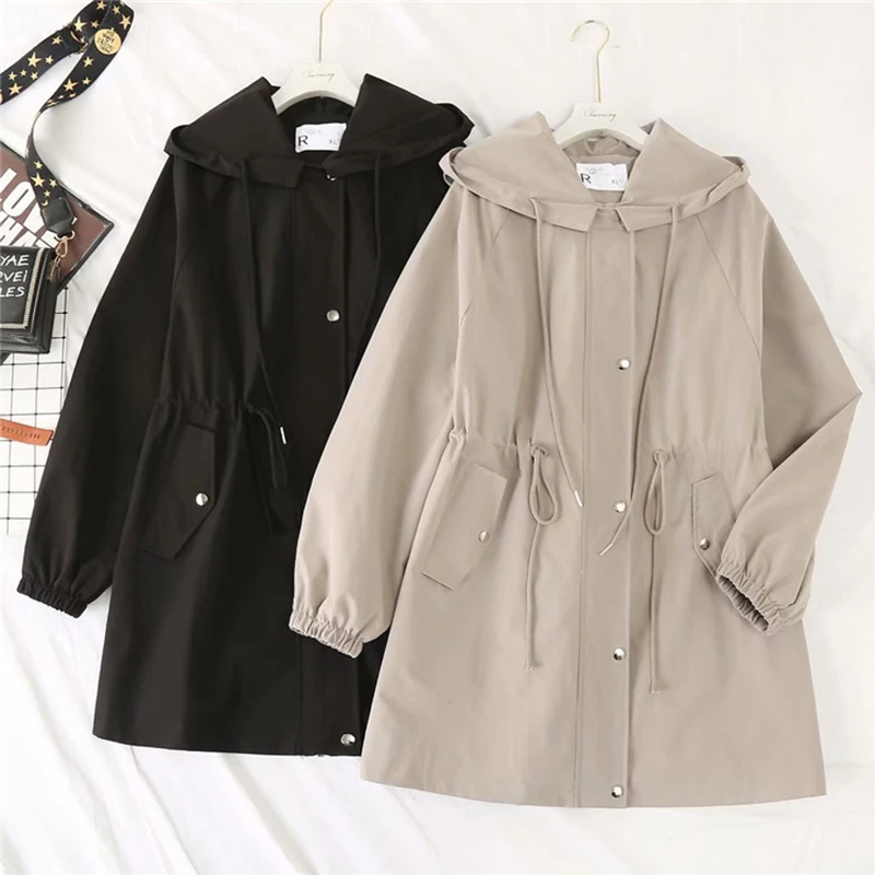 

Women's Hooded Trench Coat Spring Autumn Drawstring Solid Color Jacket French Casual Fashion Loose Windbreaker Jackets