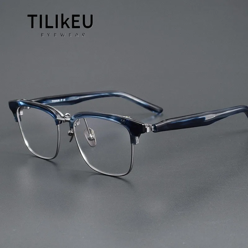 180 ° Flip-up Design Titanium Acetate Glasses Frame Retro Eyebrow-Rim Square Eyeglasses Men Large Face Optical Prescription Lens