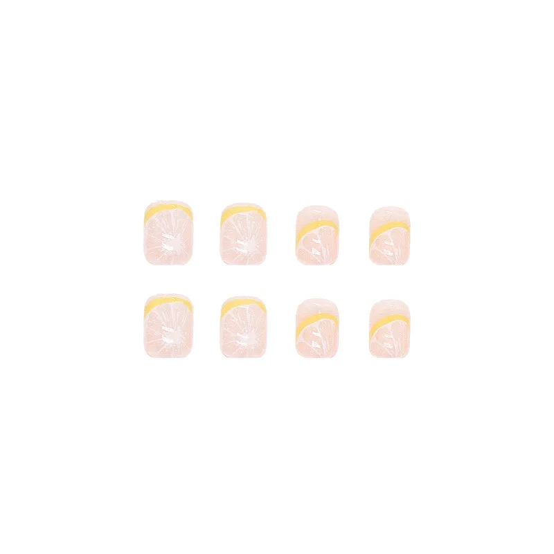 24Pcs/Set Refreshing Lemon Short Round Coffin False Nails Girls Nail Art Decoration Full Cover Artificial Fake Nails Removable