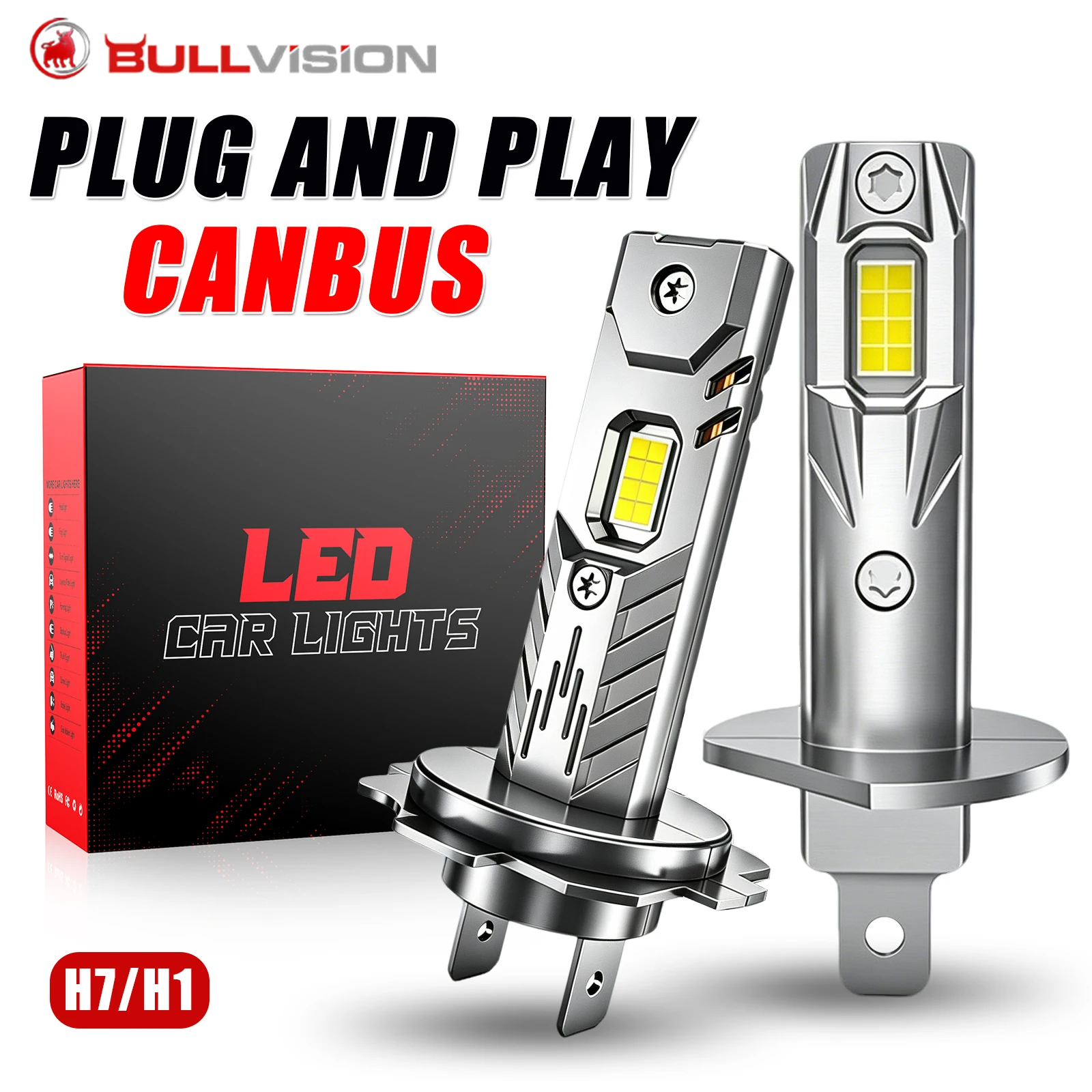 Bullvision H7 H1 LED Canbus Car Headlight Bulbs Fanless CSP for Car Headlamp Light Auto Diode Fog Lamps 12V 6000K +800% Bright