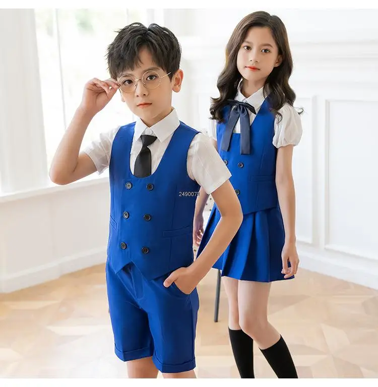 Boys Girls Summer Royal Blue Vest Shorts/Skirt Photograph Dress School Kids Uniforms Children\'s Day Performance Dance Costume