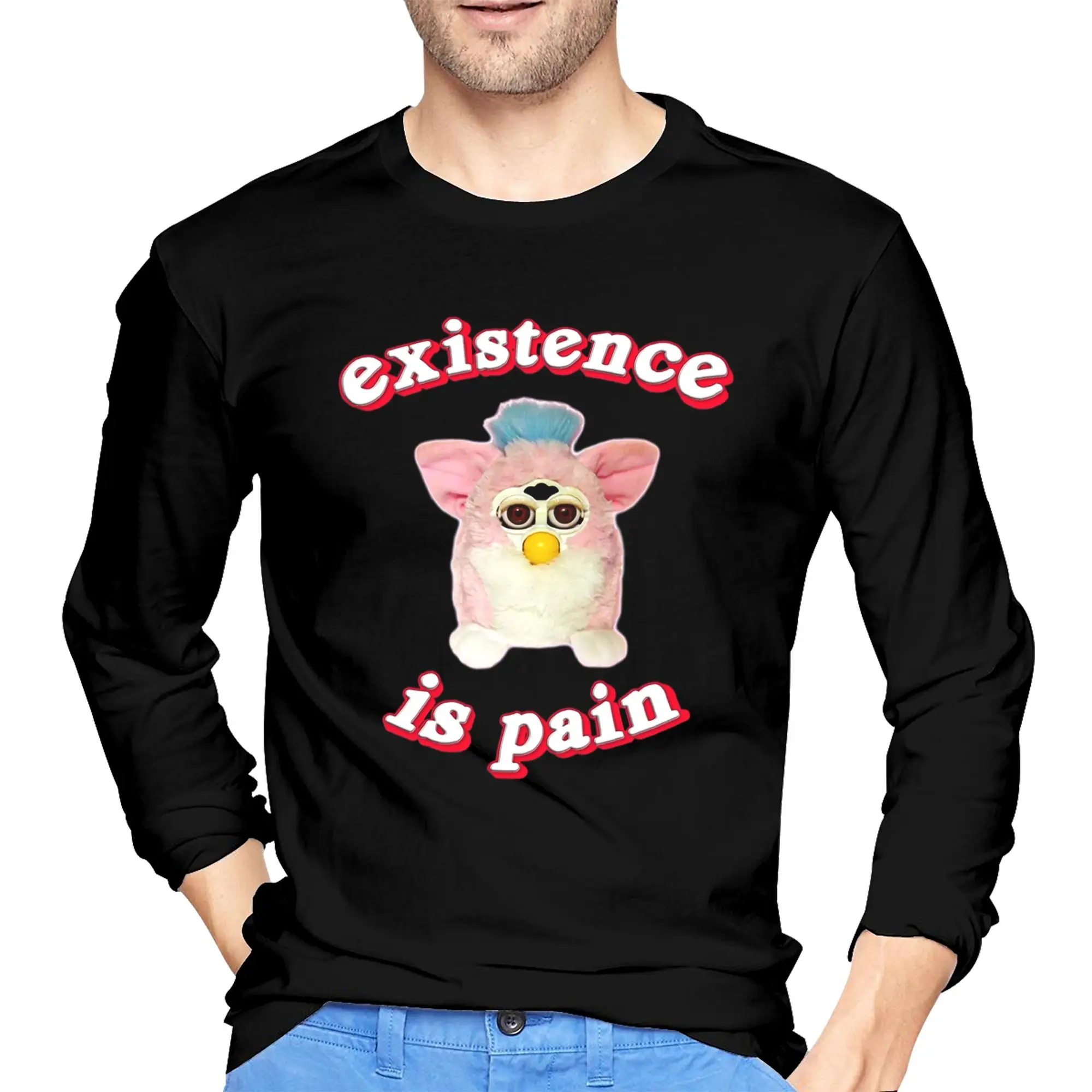 

Furby Existence is Pain Men's Long Sleeved T-shirt Casual Round Neck T shirts Spring and Autumn Men tops