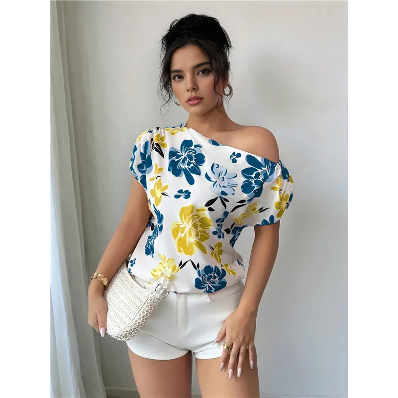 CGS-Top da donna a maniche corte con spalle scoperte, camicetta estiva con stampa floreale increspata