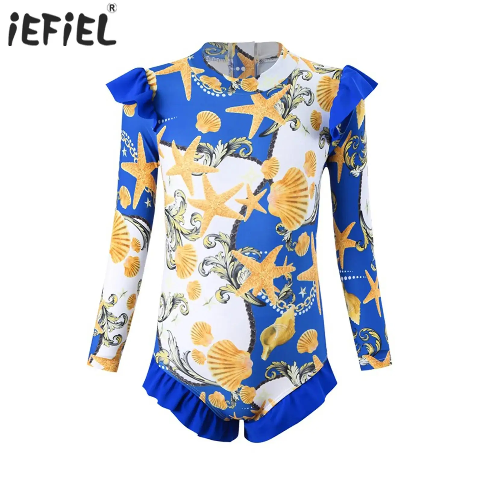 

Kids Girls Swim Leotard Swimsuit Long Sleeve Ruffle Print Sport Swimwear Pool Beachwear Burfing Bathing Suit UPF 50+ Rash Guard