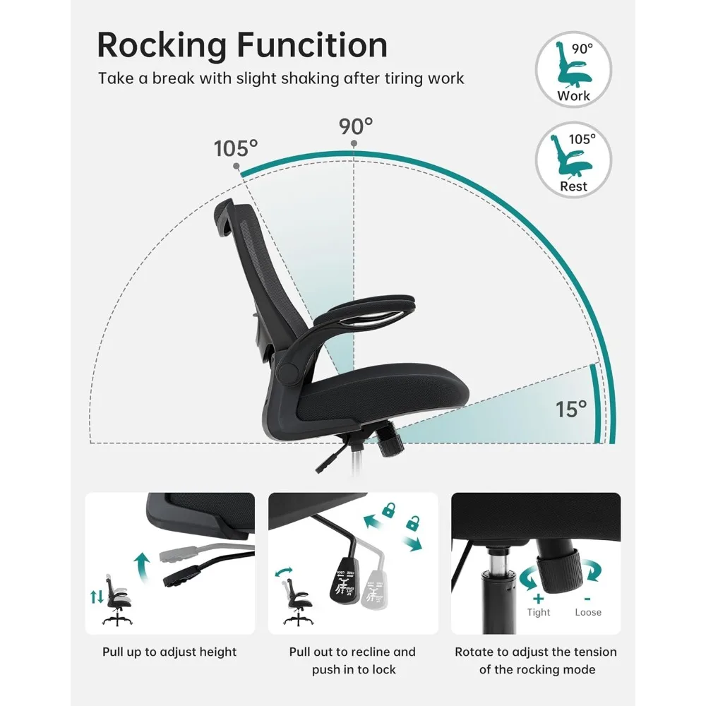 Silla de oficina ergonómica con soporte Lumbar ajustable y reposabrazos abatible hacia arriba, silla de ordenador de malla transpirable