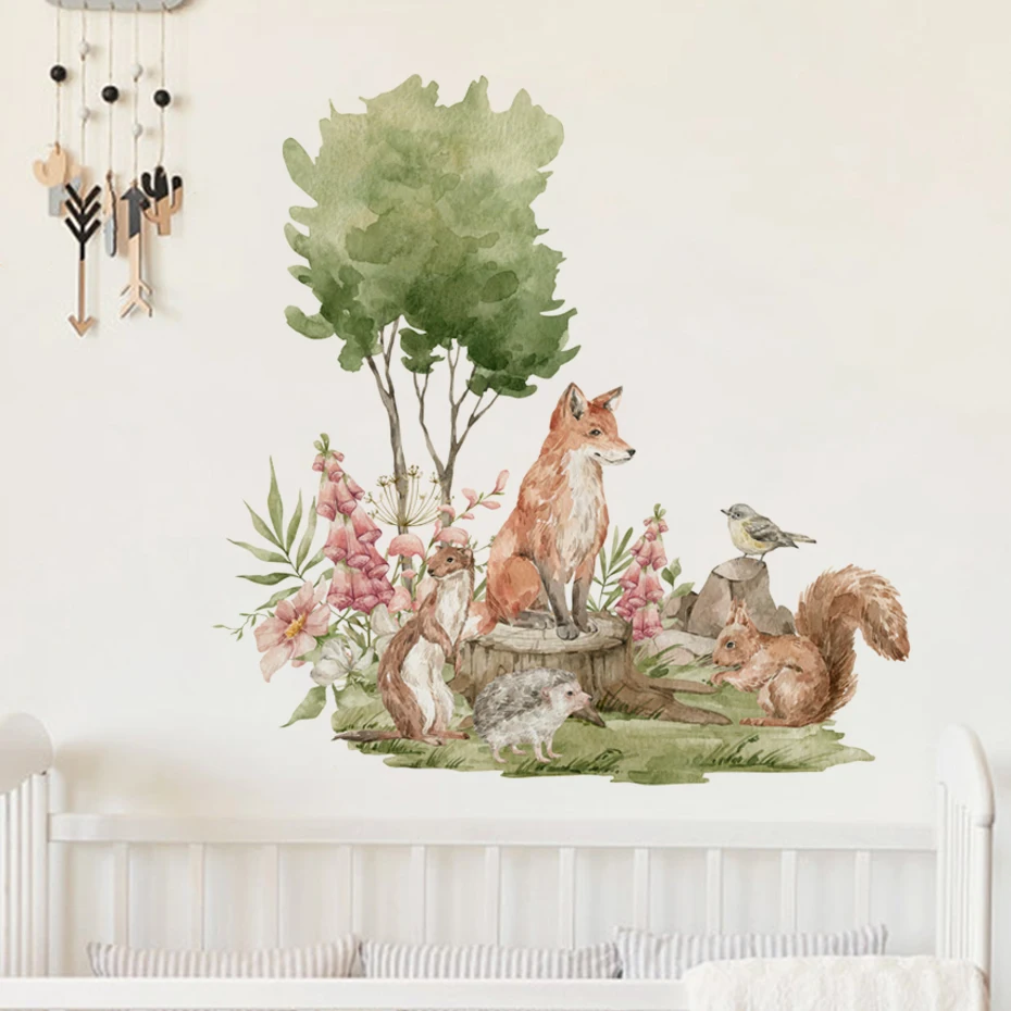 Cartoon Woodland Animals Fox Bird Weasel Wall Stickers for Kids Room Baby Nursery Wallpaper Boy Girls Bedroom Wall Decals