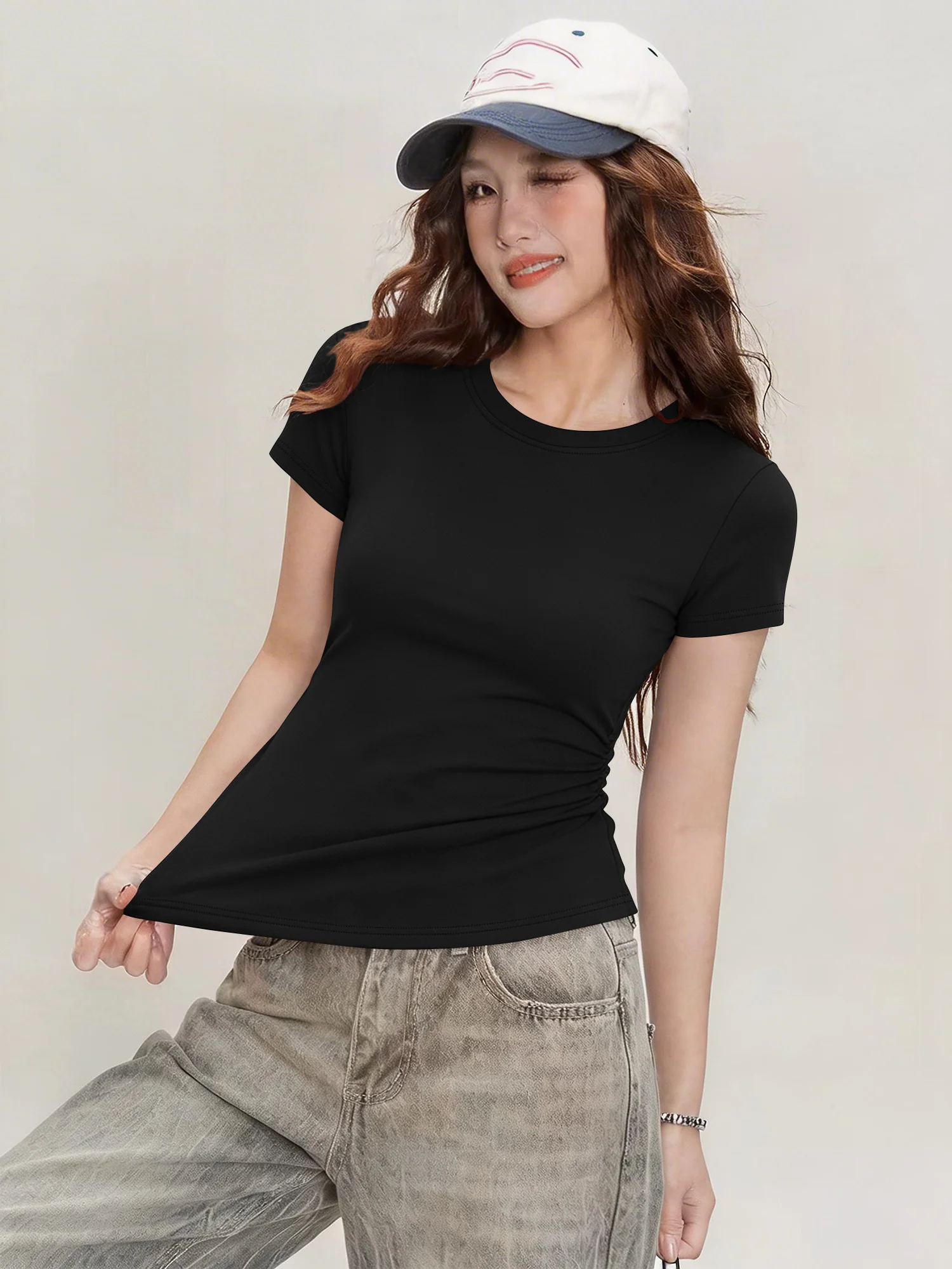 Crew Neck Side Cinched Slim Tee, Waist Gathered Short Sleeve Fitted Top for Korean Casual Streetwear & Campus Daily Looks