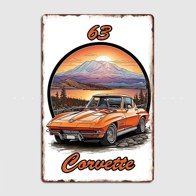 63 Corvette overlooking Lake Shasta Classic Car Metal Sign Poster Garage Car Decoration Automobile Club Tin Sign Home Room Decor