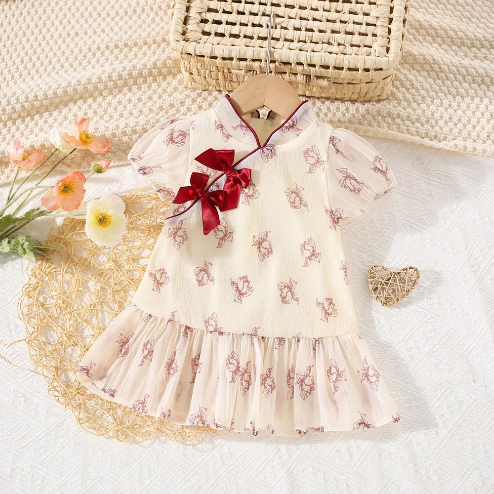 Summer New Girl Baby Dress Chinese Style Mesh Light and Thin Ancient Style Qipao Dress Bubble Sleeves Bowtie Lace Fold Sweet