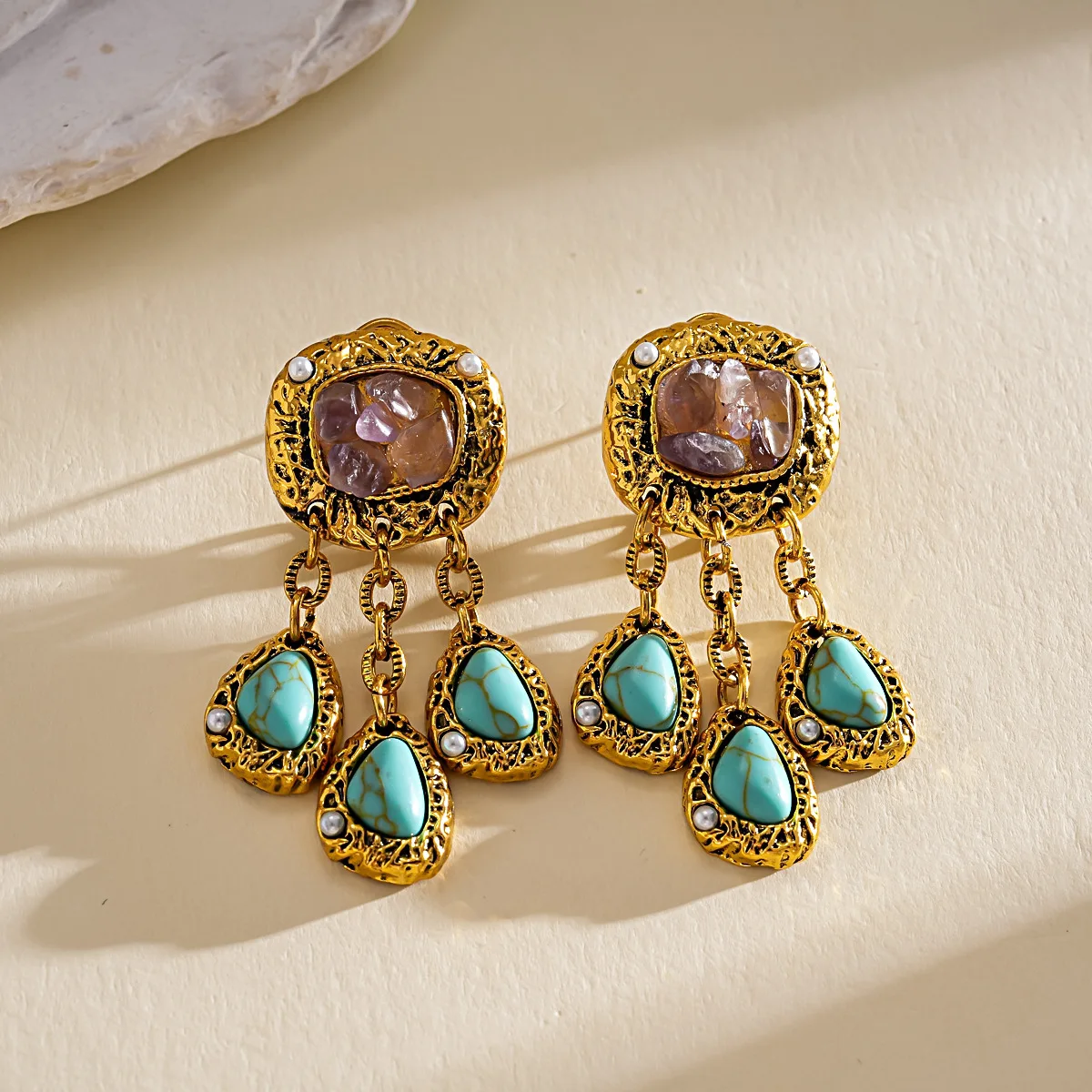 Vintage Lila Kristall-Türkis Wassertropfen Goldene Ohrringe für Frauen, Böhmische Ohr-Accessoires, Schmuckgeschenke, Party- und Freizeitkleidung – Detail 9