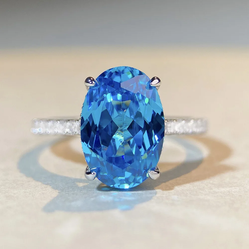 

Кольцо из стерлингового серебра S925 с аквамарином и бриллиантами в форме голубиного яйца, обручальное кольцо, кольцо для предложения, женские ювелирные изделия высокого класса