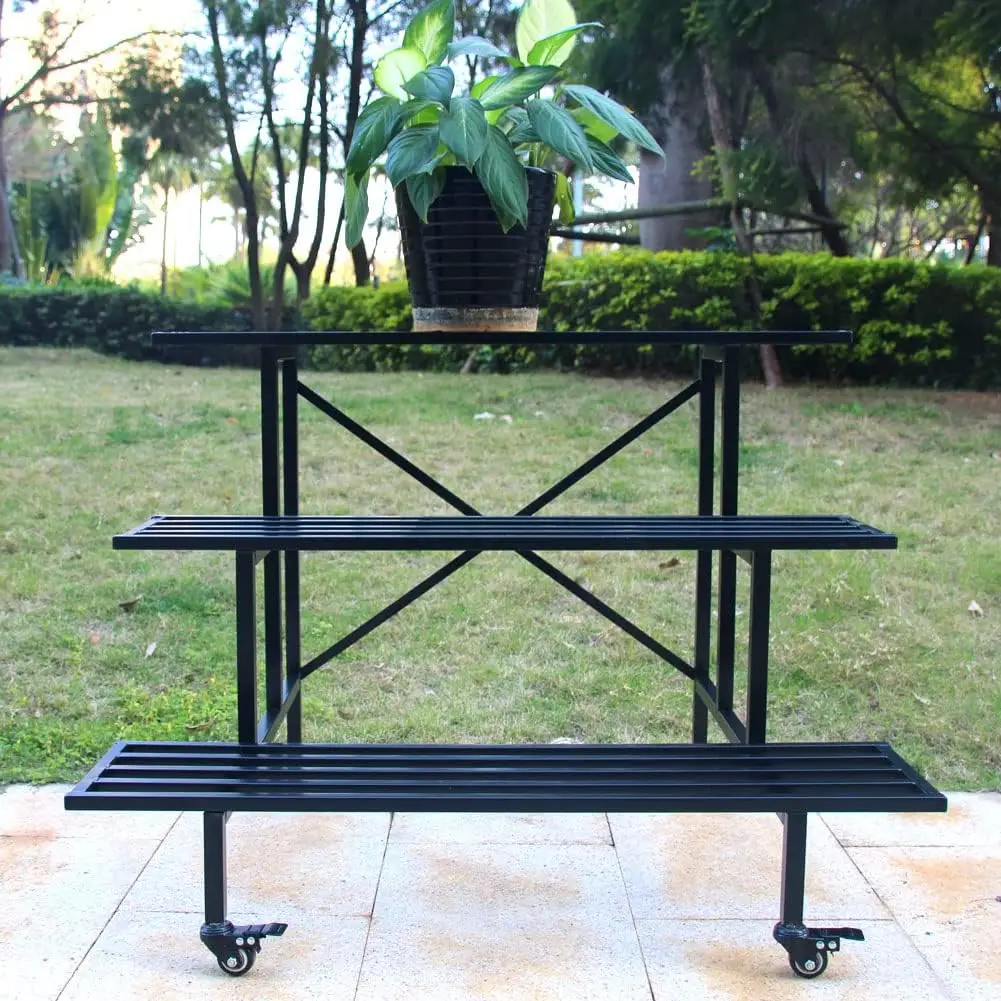 Suporte de planta de metal resistente com rodas, 3 camada, Carrinho de jardim móvel, Suporte de planta resistente, Prateleira de jardim com rodas