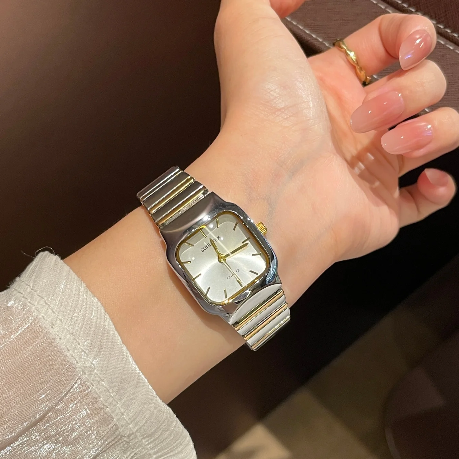 SUNLIFEX, pulsera de acero inoxidable, relojes para mujer, esfera cuadrada, relojes de pulsera de cuarzo para mujer, reloj de vestir de marca superior a la moda para mujer