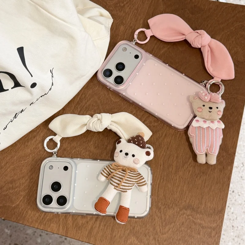 Fashion Clear Polka Dot Phone Case For iPhone 17 Pro 16 15 Pro Max Cover with Bear Pendant Bowknot Hand Strap Cute Cartoon Cases