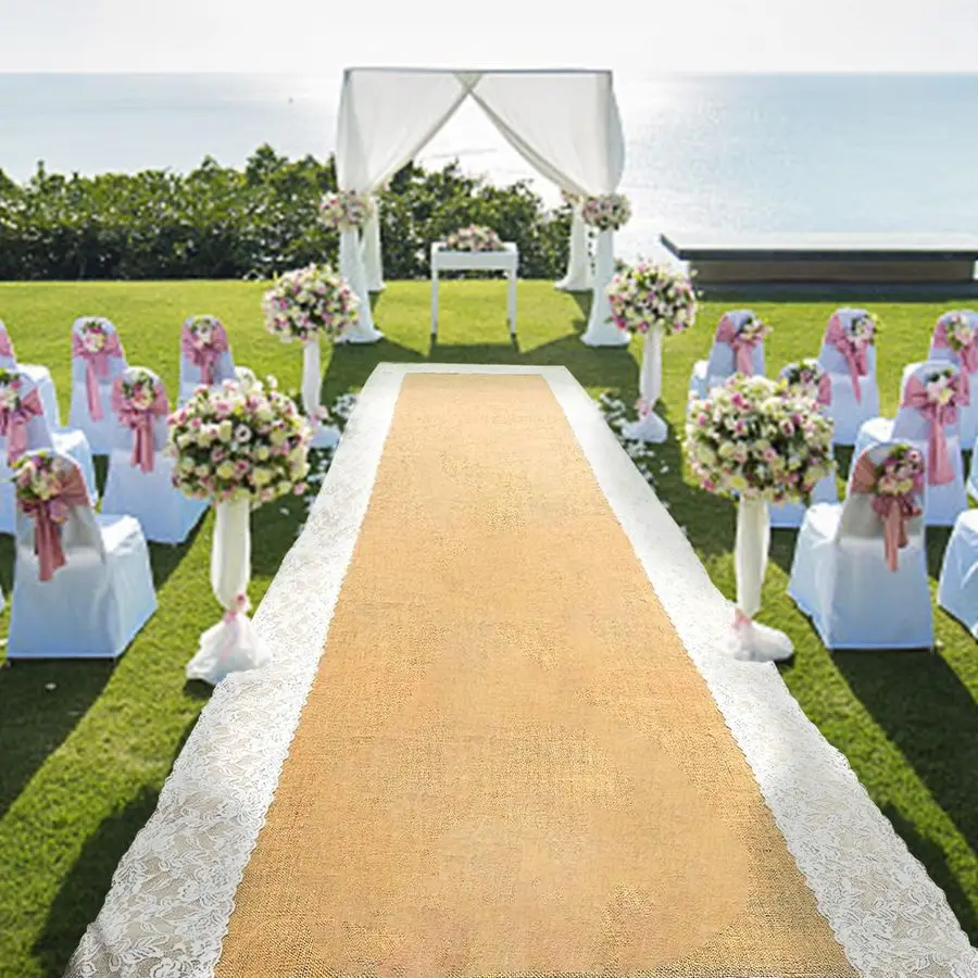 

Aisle Runner for Wedding Ceremony, 3ft x 30ft Natural Burlap Wedding Aisle Runner with Lace, Jute Vintage Seamless Rustic Charm