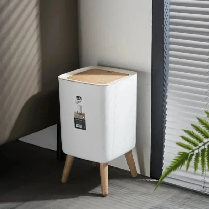 Waste Bins with Lid Press Dustbin for Living Room Toilet Bathroom Kitchen Garbage Bucket High Foot Imitation Wood Trash Can