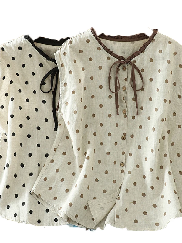 Summer Casual Loose Polka Dot Linen Svel irt Women's Cotton Linen Small Top with Belt Floral Collar Button Detail