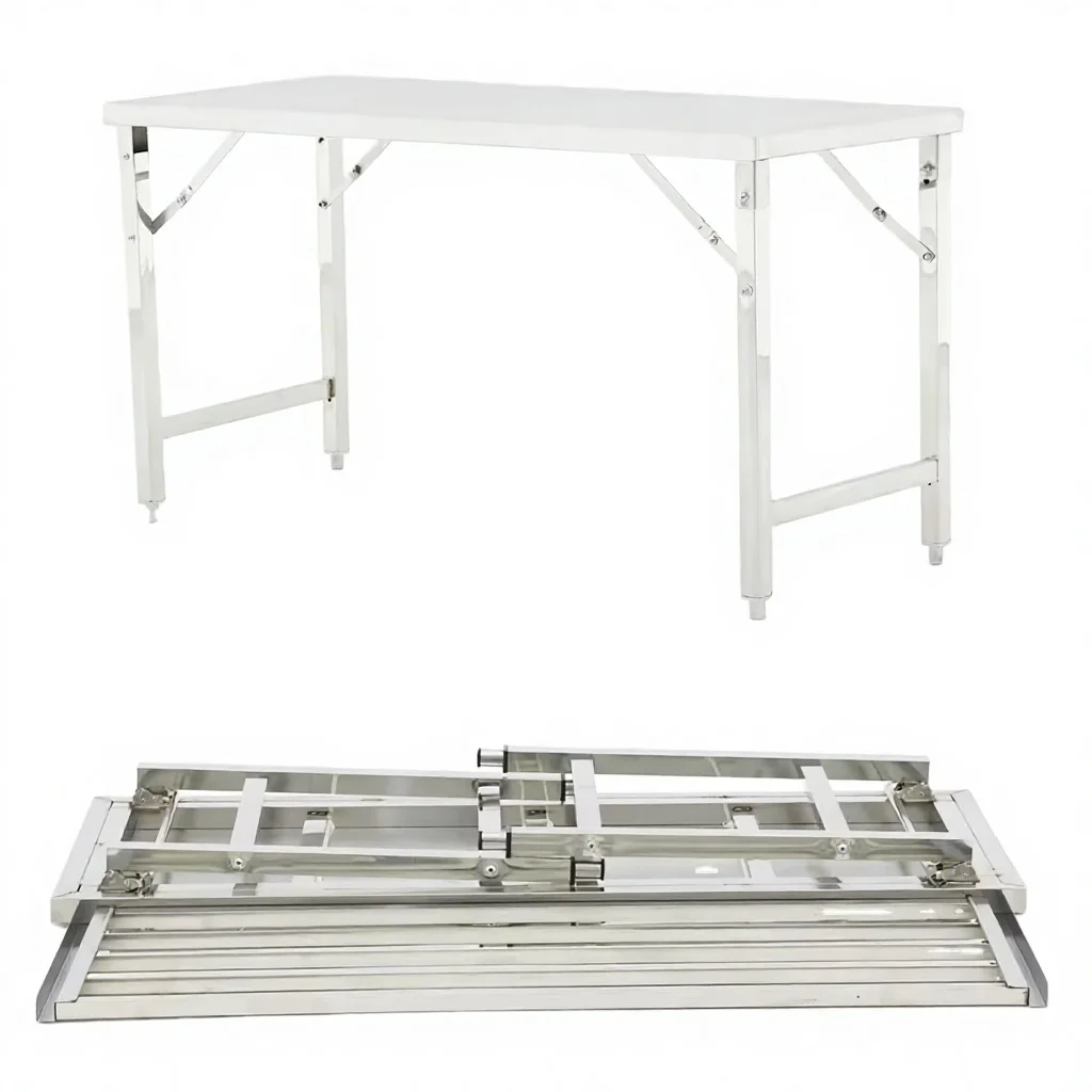 

Adjustable Height Foldable 304 Stainless Steel Workbench Food Grade Coated Large Capacity Commercial Kitchen Wheelless