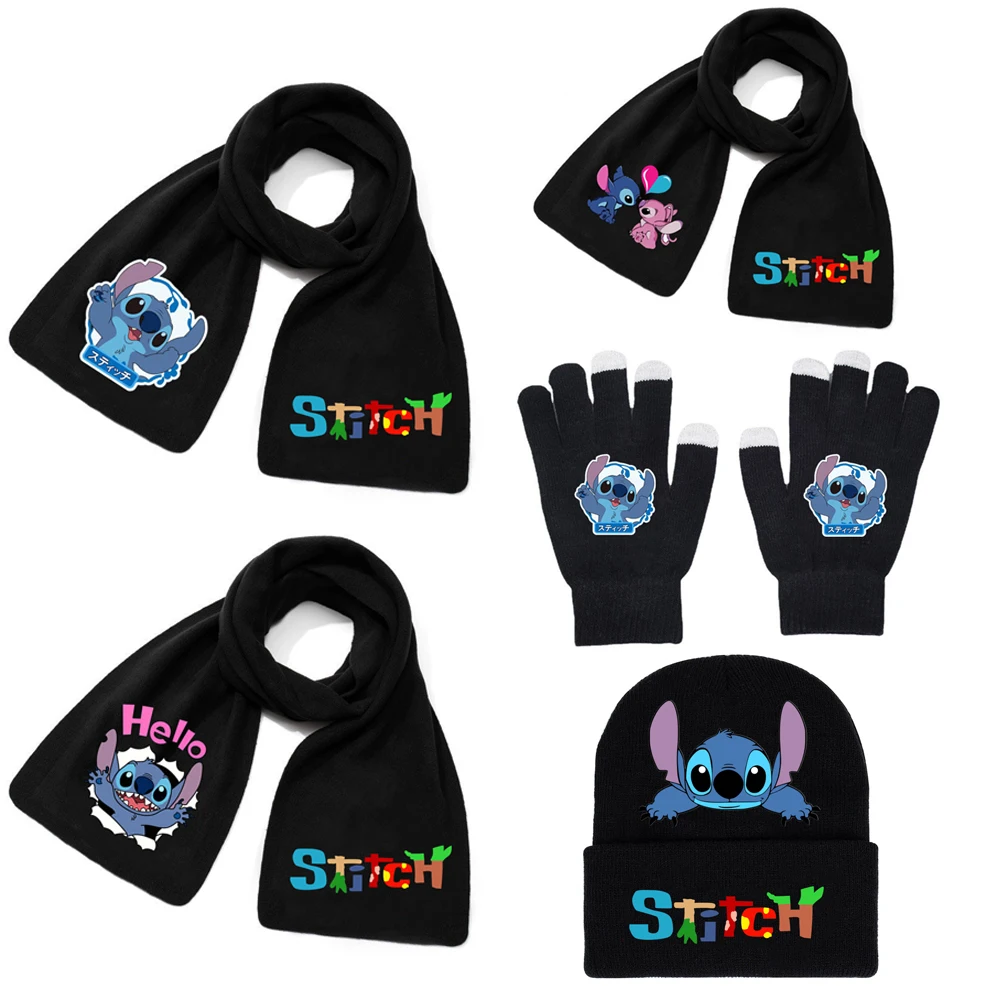 Disney Anime Stitch Cartoon Scarf Lilo and Stitch Autumn Winter Scarf Black Casual Warm Printed Scarves Knitted Hat Gloves Gifts