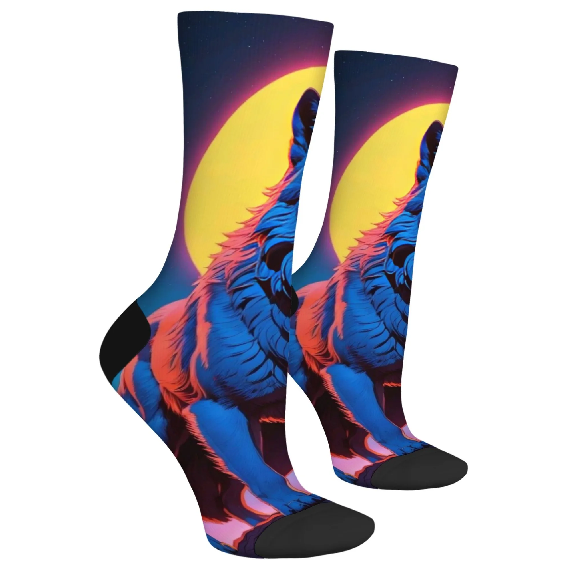 Neuartige lebendige blaue Wolf-Druck-Herrensocken, Harajuku, Retro-Farbverlauf, Sonnenuntergang, Crew-Socken, bequem, atmungsaktiv, rutschfeste Socken, Geschenk