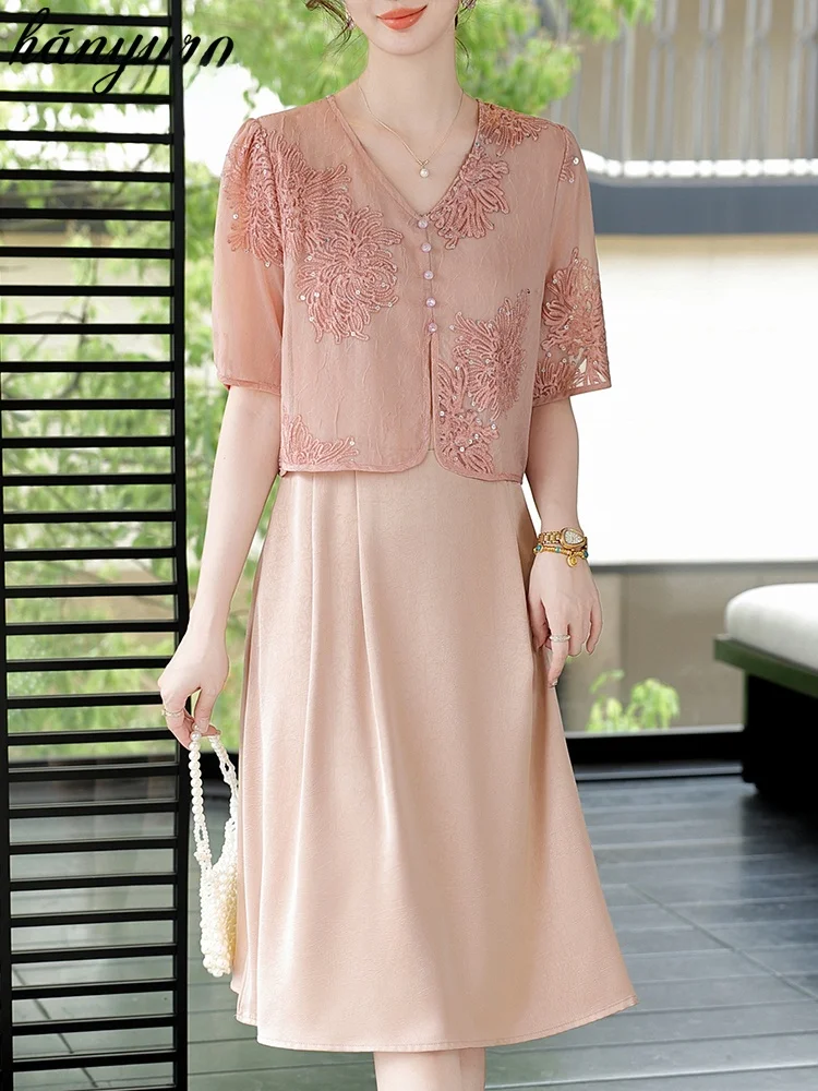 

Faionable Mommy Summer Dr Chiffon Skirt Mid-Aged Women's Clothing 2025 New Sle V-Ne Midi Dr with Button Detail