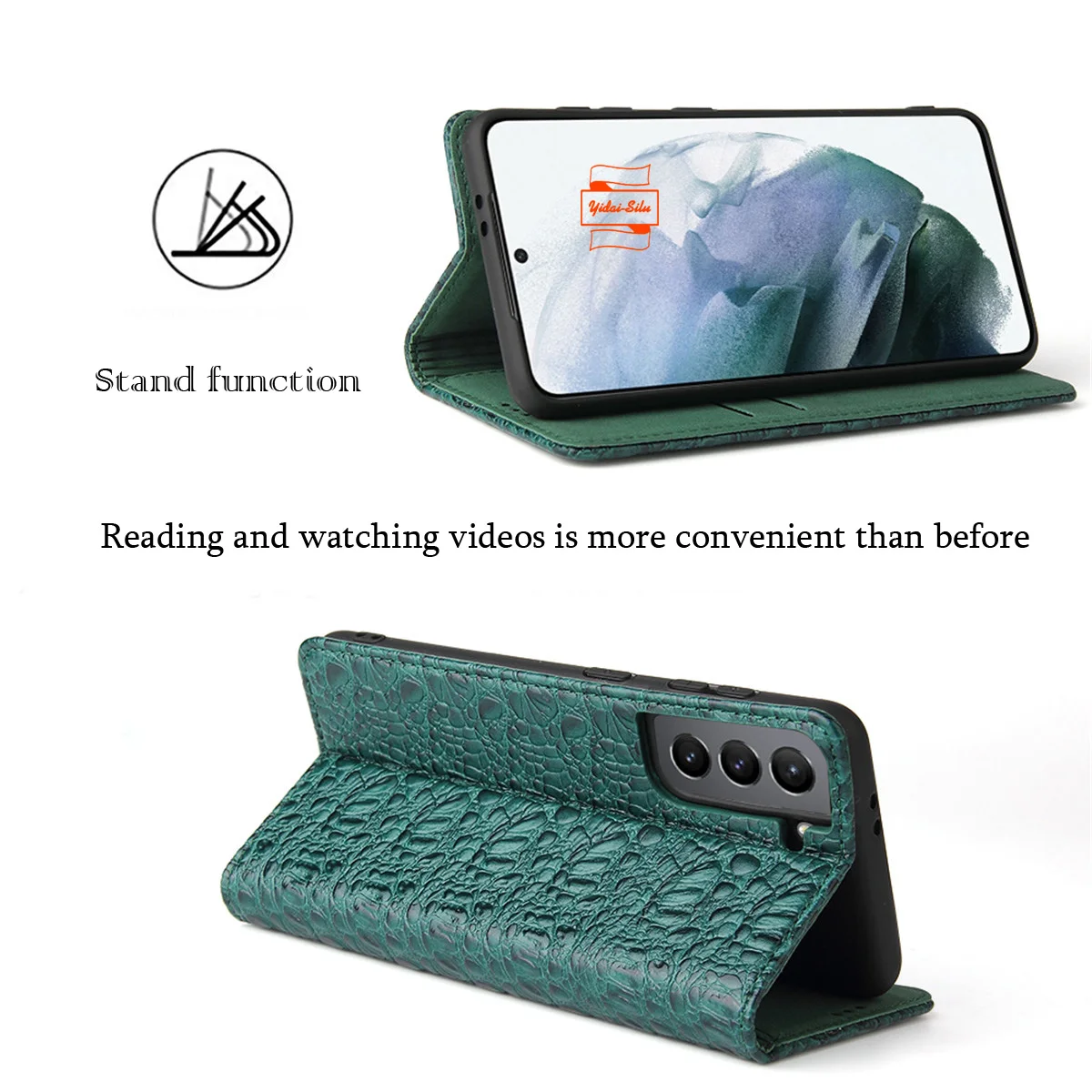 Yidai-Silu Wallet Case Crocodile Pattern Kickstand Magnetic Real Leather Card Holder Purse Fold Cover for Samsung S24 Plus Ultra