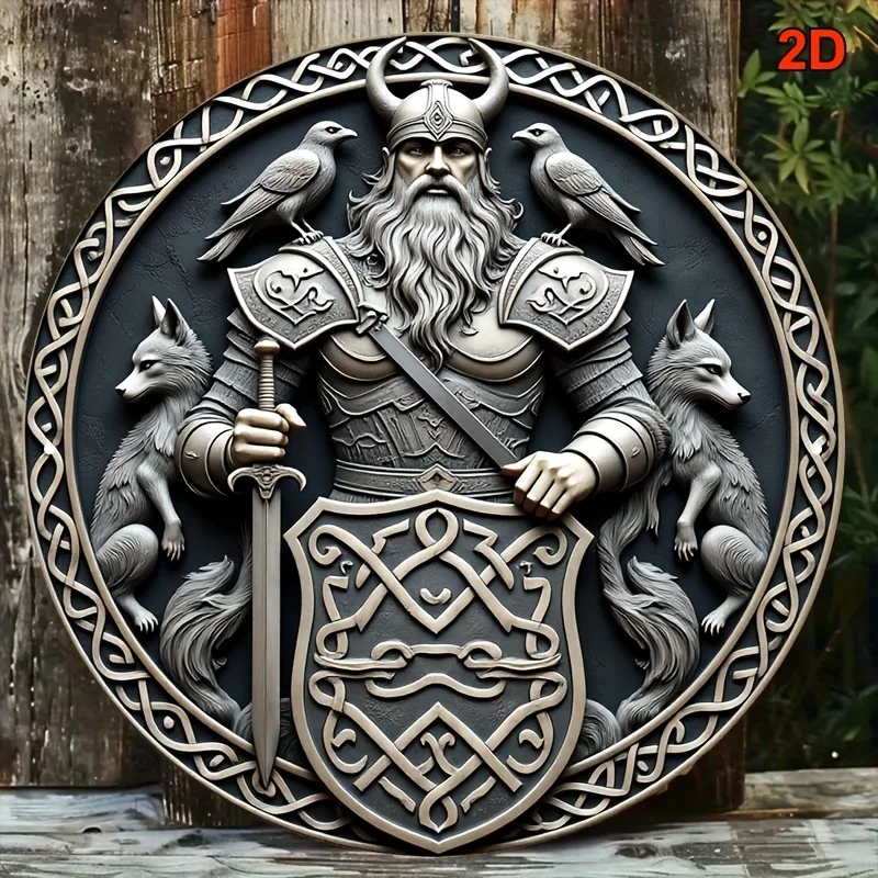 Odin Wolf Raven Viking Metal Wall Art, 8x8 Inch Norse Round Sign, Durable Iron Decoration for Bar Game Room Living Room Office