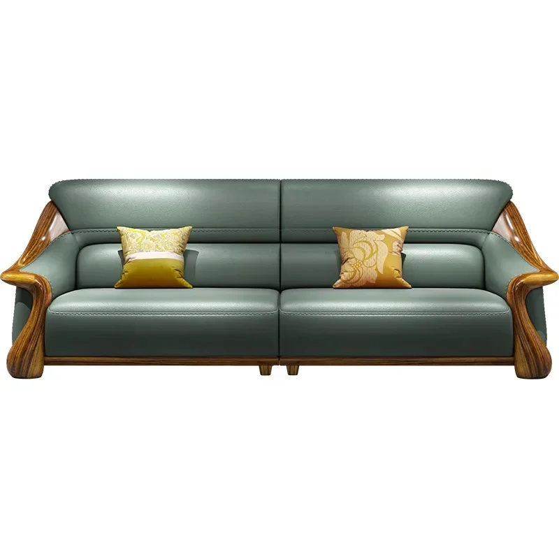 

New Chinese style, leather art sofa, modern simple solid wood villa living room, large apartment, first-layer cowhide