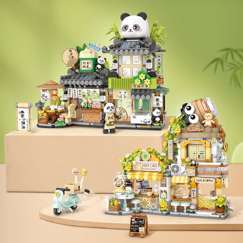 City Street View Mini Block Chinatown Chinese Panda Candy Milk Tea Coffee Shop Streetscape Construction Bricks Figures Toy