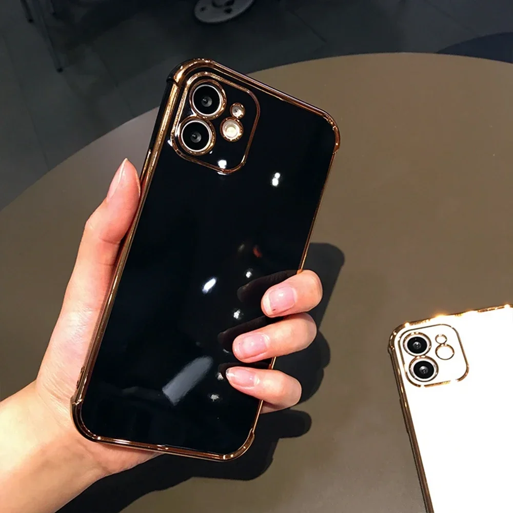 Luxury Glossy Gold Plating Silicon Case For iPhone 16 15 14 13 11 Pro Max XS X XR 15 Soft Pure White Color Cover For iPhone 16