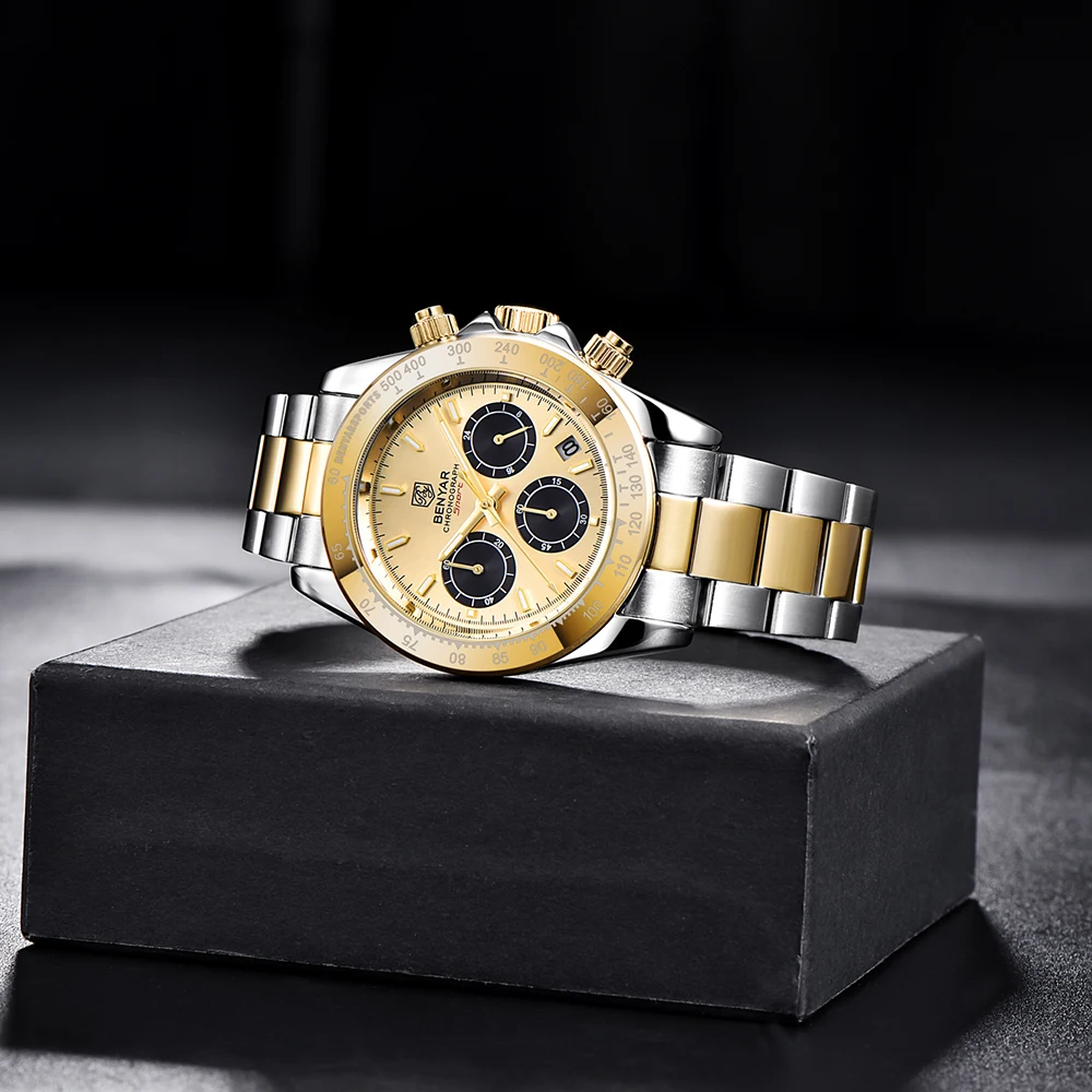 BENYAR ساعة عصرية فاخرة رياضية مضيئة متعددة الوظائف رمز التوقيت ساعة ستانلس ستيل مقاومة للماء عسكرية للرجال