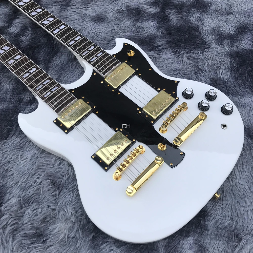 Double 12+6 string electric guitar SG style white body rosewood fretboard