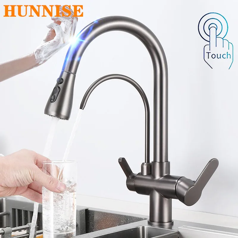 

Grey Touch Filter Kitchen Mixer Tap Solid Brass Hot Cold Kitchen Fixture Pull Out Kitchen Taps Smart Sensor Touch Kitchen Faucet