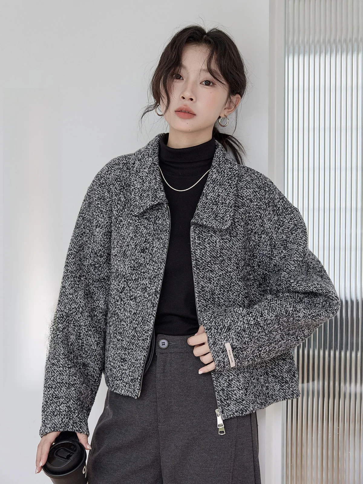 

HuiXi Deep ey Weave Patchwork Women's Jaet Versatile Commute Sle Zipper Closure Long Sve Stand Fit Daily Wear