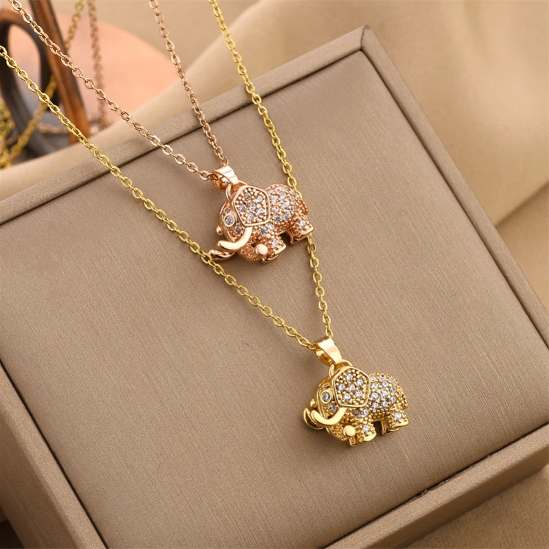 Women\'s Luxury Cubic Zirconia Elephant Pendant Necklace Stainless Steel Chain Aesthetic Statement Vintage Jewelry for Girls Gift