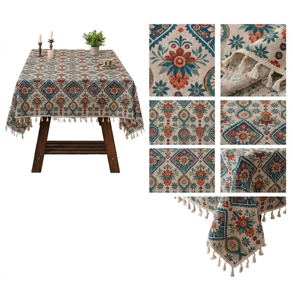 Bohemian Table Cover with Floral Diamond and Geometric Patterns in Polyester Fabric and Tassel Hem for Indoor Use