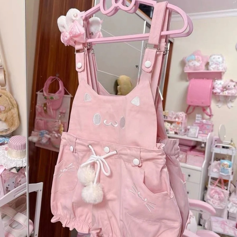 Japanese Style Sweet Jumpsuits Cute Girl Cat Pattern Embroidery Soft Clothes Pink Kawaii Pockets Design Bud Overalls 2026 Summer
