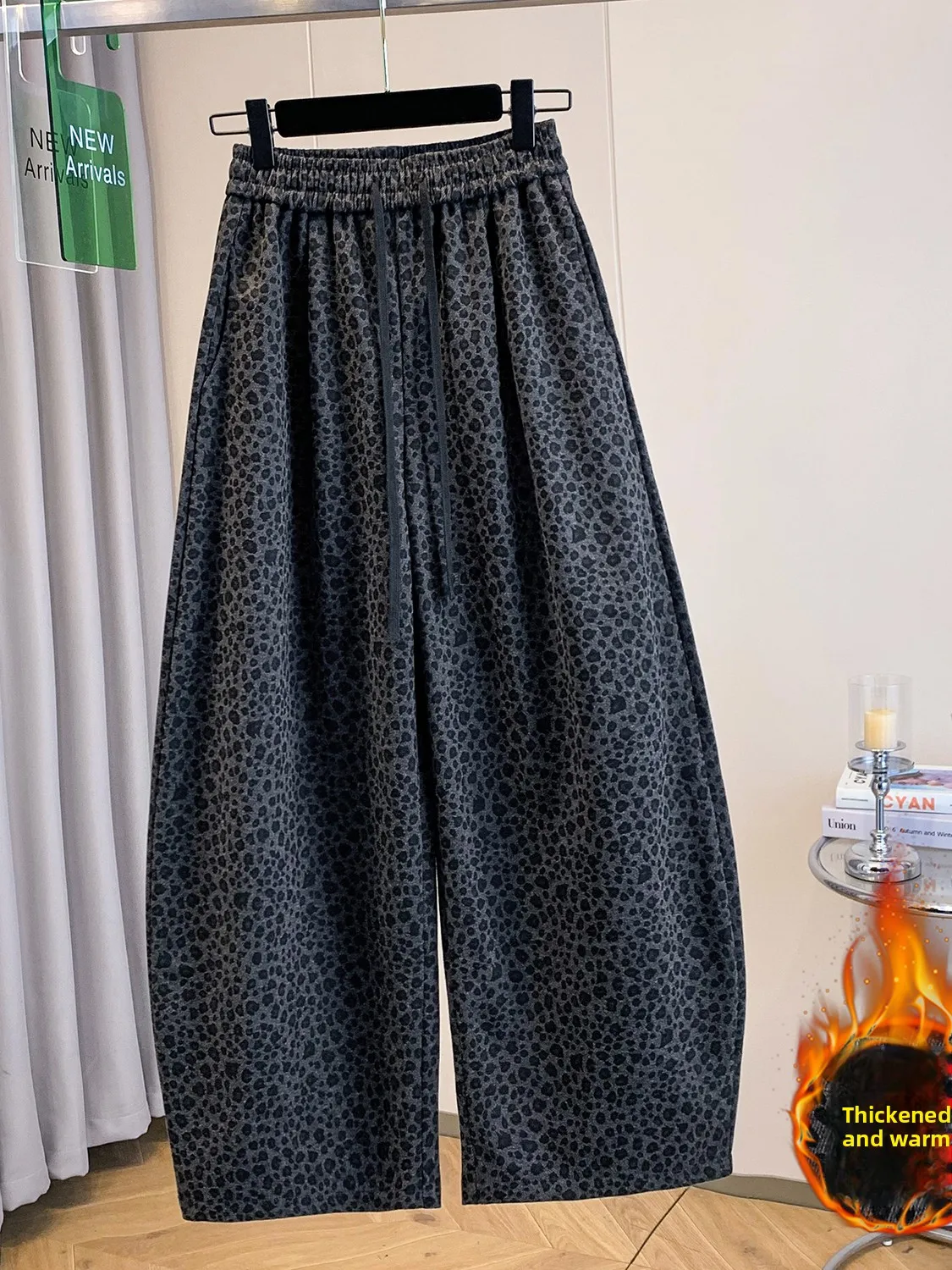

Ретро-шерстяные брюки с высокой талией, мягкие, с леопардовым принтом, с поясом, повседневные, осенне-зимние, прямого кроя, для женщин больших размеров