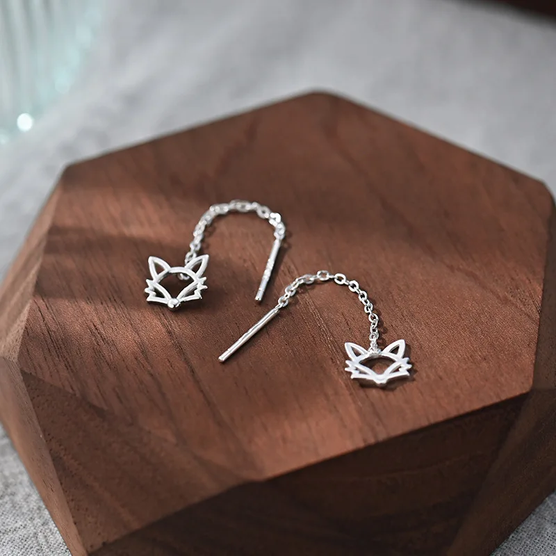 999 Fine Silver Fox Threader Drop Earrings for Women – Cute Fresh Tassel Chain Design, Korean-Style Cartilage Piercing Jewelry