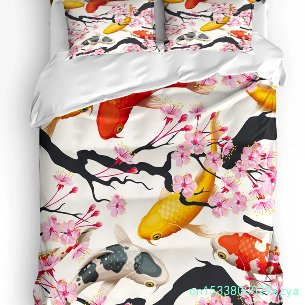 Japanese Style Carp Cherry Blossom Bedding Set 3pcs Duvet Cover Pillowcase Kids Adult Quilt Cover Double Bed Set Home Textile