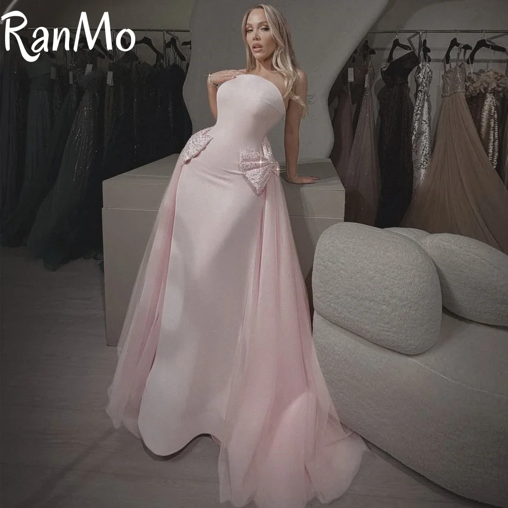 Ranmo Wyjątkowa Sukienka na Przyjęcie w Kolorze Delikatnego Różu Syreny 2026 Bez Ramiączek, Długa do Podłogi, Krepa, Suknia Balowa, Koktajlowa, Wieczorowa, z Tiulowym Trenem na Zamówienie