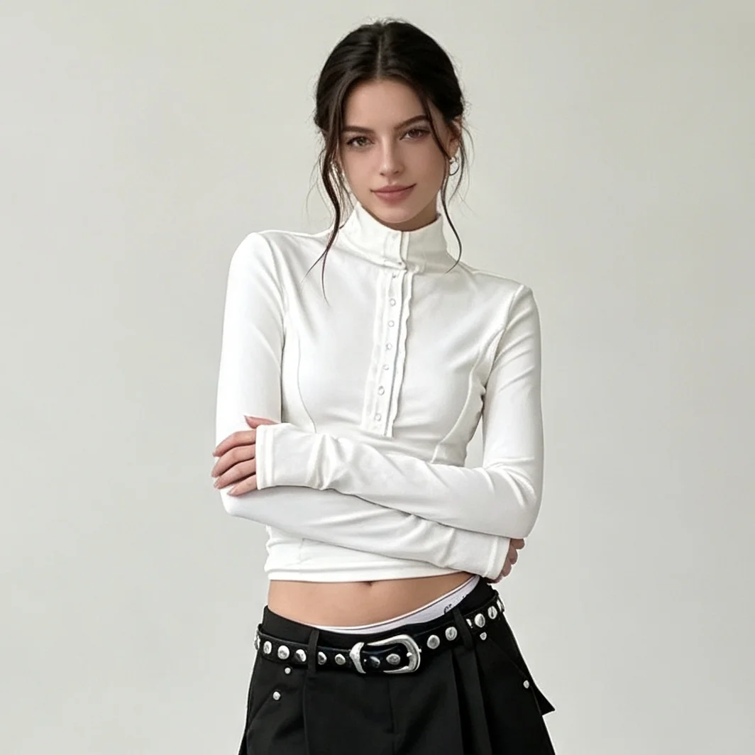RU Ladies Stand Collar Placket Button Long Sleeve Slim Crop Top Body Shaping Elegant Autumn Winter Inner Layering Tops