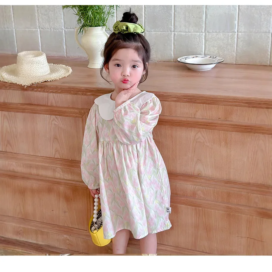 Girls' Floral Dress 2024 Spring and Autumn New Children's Countryside Style Pure Cotton Bubble Sleeve Princess Dress