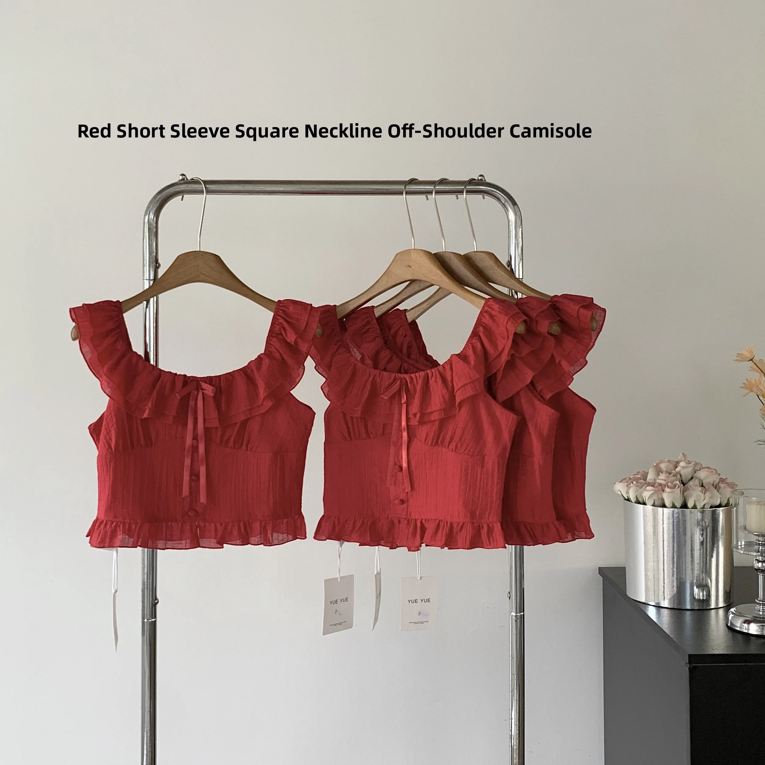 Lin Xiaxia Red ort المحاصيل الأعلى المرأة الصيف خمر ساحة طوق Svel سترة تنفس الدانتيل irt تخفيف Sle طويل S...