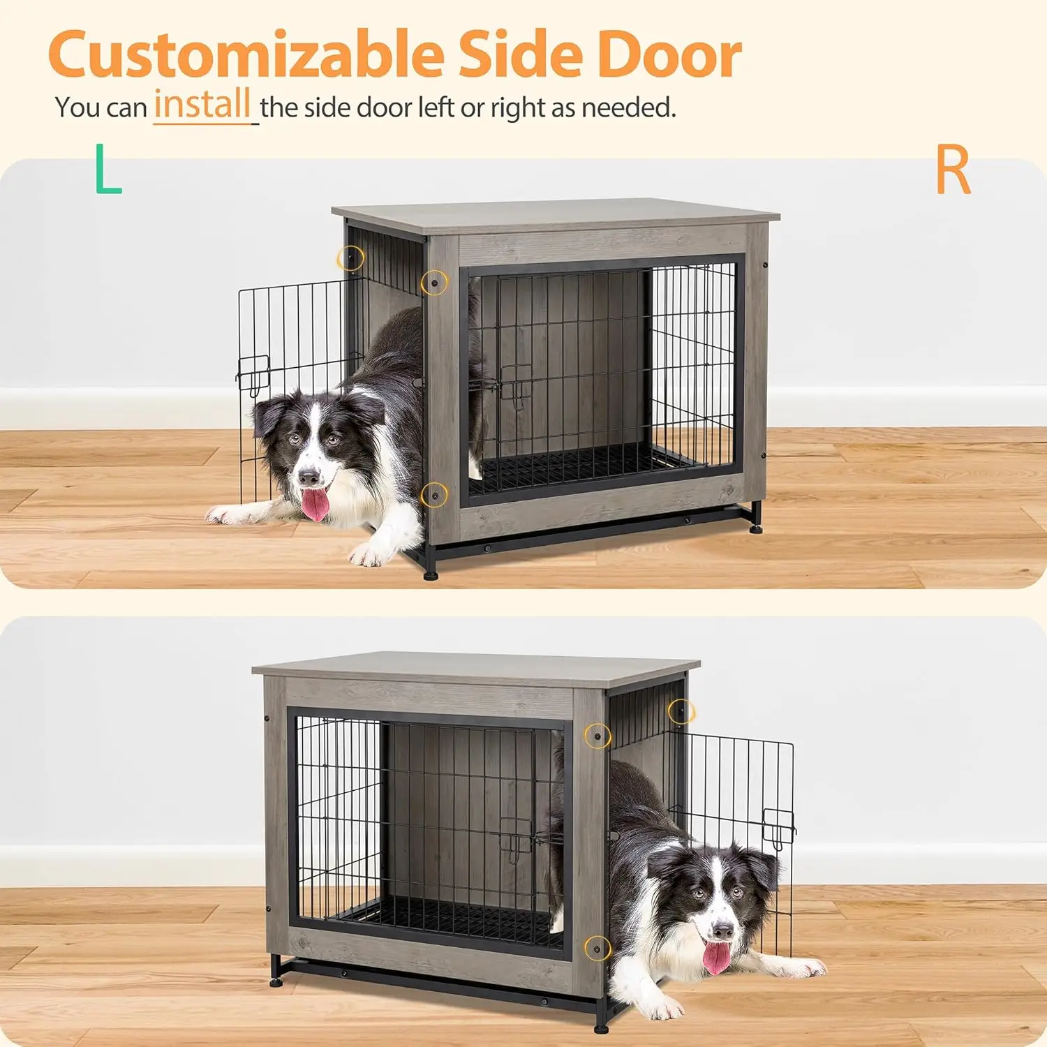 Wooden Dog Crate Furniture for Large Dog, L Double-Door Kennel Indoor with Removable Tray,