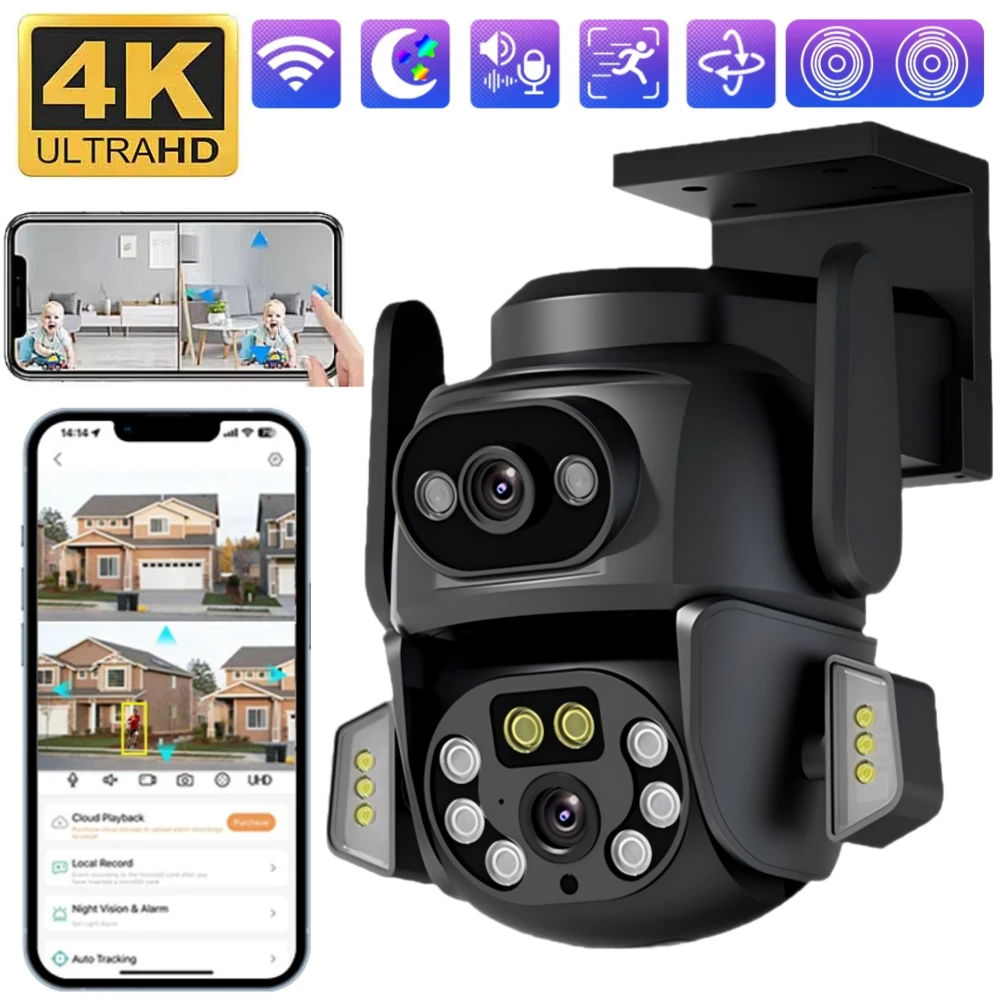 4K Wifi Security Camera PTZ Dual Lens 4MP Motion Detect Auto Tracking Monitor CCTV IP67 Waterproof Outdoor Surveillance Camera