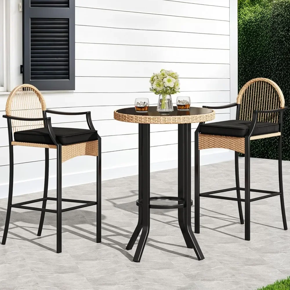 3-Piece Outdoor Wicker Bar Height Set w/Cushioned Barstools, Patio Bistro Furniture for Balcony and Poolside, Black+Light Yellow