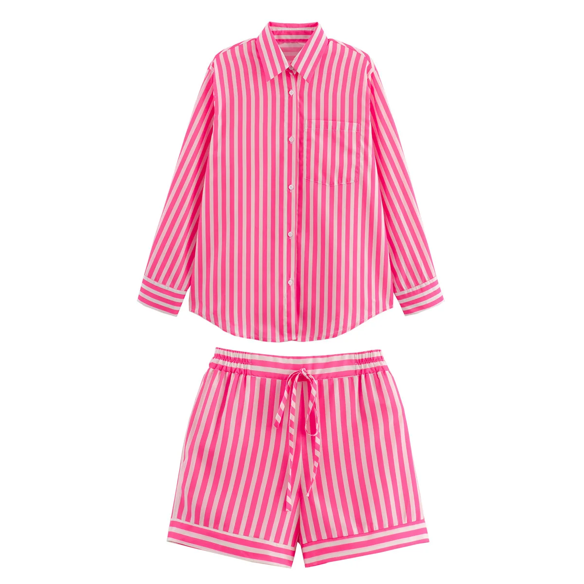 

Suit Women's 2-piece 2024 New Fashion Striped Pocket Decorative Shirt Retro Long-sleeved Shirt+striped Drawstring Shorts Suit